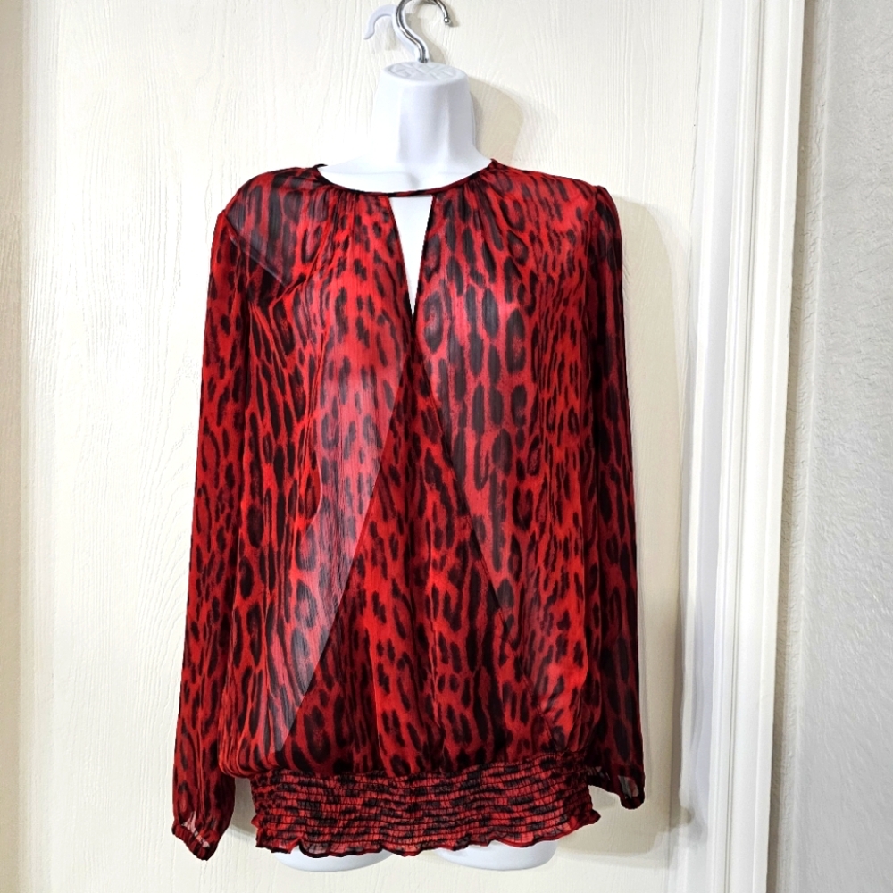 Michael Kors Red Black Leopard Blouse Size M